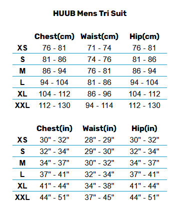 2025 HUUB Mens Tri Suit 0 Size Chart